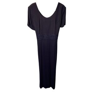 Vintage John Roberts Maxi Dress Womens 14 Navy Blue Embroidered Waist Back Tie